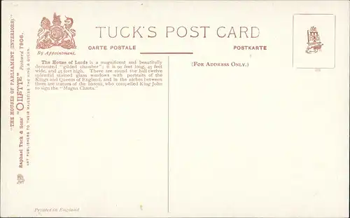 Postcard London House of Lords, House of Parliament Parlamentshaus 1910