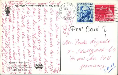 Postcard Rapid City Imperial '400' Motel, Street View, Main Street 1969