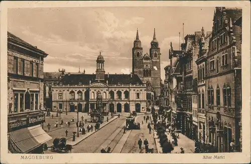 Ansichtskarte Magdeburg Alter Markt belebt, Geschäft, Tram uvm. 1920