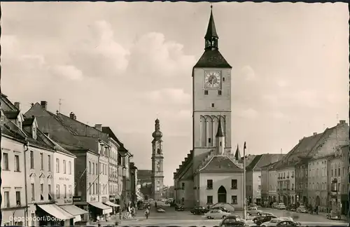 Ansichtskarte Deggendorf Marktplatz Kirche Geschäfte Strassen Partie 1955