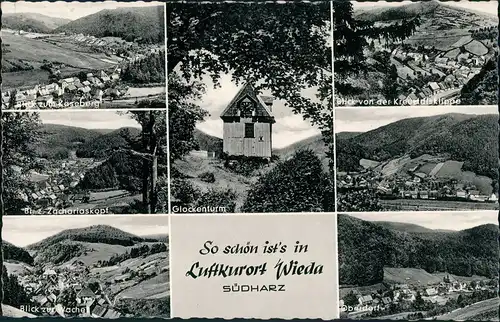 Wieda (Harz) Mehrbild-AK Glockenturm, Oberdorf, Panorama-Ansichten 1955
