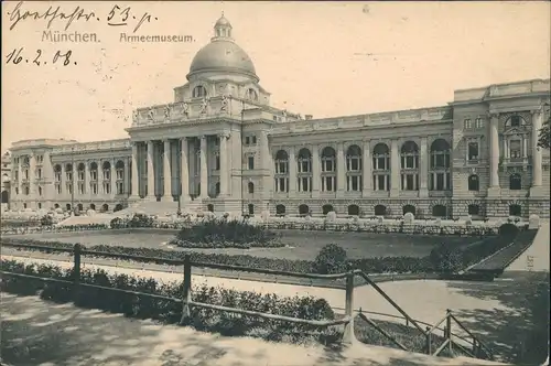 Ansichtskarte München Armeemuseum Gesamtansicht Grünanlage Kuppelturm 1908