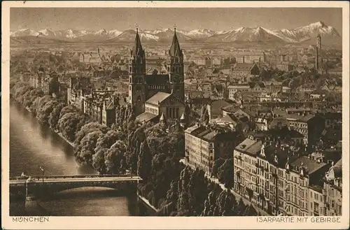Ansichtskarte München Panorama Isarpartie Gebirge Kirchen Brücke 1932