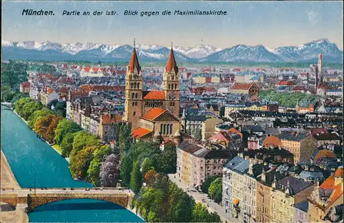 Ansichtskarte München Isarpartie Maximilianskirche Panorama Brücke 1910/1923