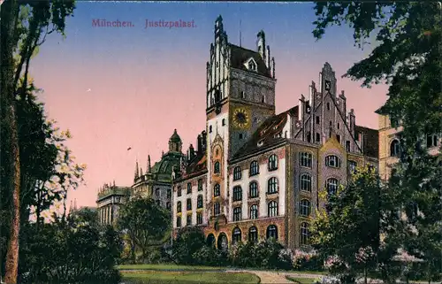 Ansichtskarte München Justizpalast Turmuhr Parkanlage Dämmerung 1910