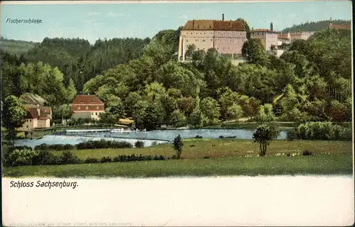 Frankenberg (Sachsen Schloß Sachsenburg & Fischerschänke (Heliocolorkarte) 1900