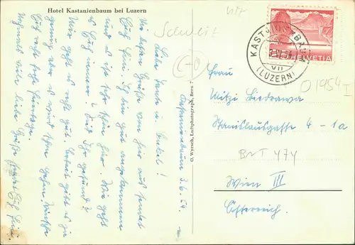 Ansichtskarte Luzern Lucerna Überflug Hotel Kastanienbaum Luftaufnahme 1954