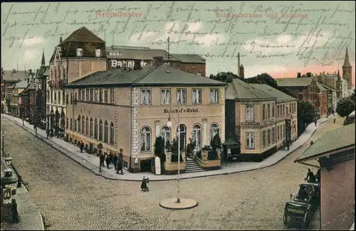 Ansichtskarte Neumünster Bahnhofsstraße Bahnhofs Hotel 1909