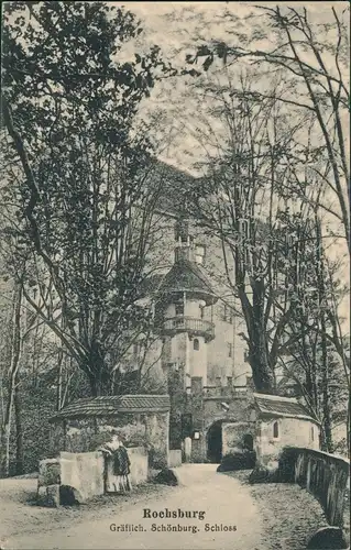 Ansichtskarte Rochsburg-Lunzenau Schloss Frau an Mauer gelehnt 1923