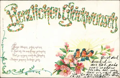 Glückwunsch/Grußkarten: Geburtstag Blumenschrift 1903 Prägekarte