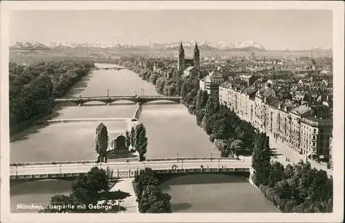 Ansichtskarte München Brücken über die Isar, Fernblick Stadt & Alpen 1934