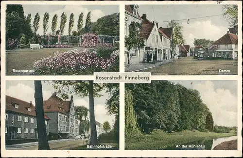 Ansichtskarte Pinneberg Rosengarten, Damm, Bahnhofstraße, Mühlenau 1952