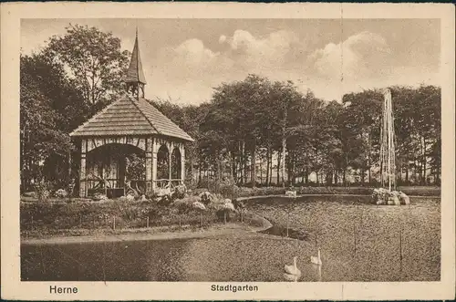 Herne Stadtpark Stadtgarten Teichanlage Schwäne Wasserspiele 1910