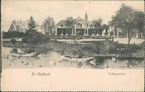 Mönchengladbach Volksgarten Teich, Ruderboote, Schwäne, Park belebt 1905