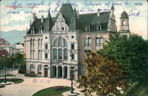 Ansichtskarte Pforzheim Saalbau Strassen Ansicht 1910