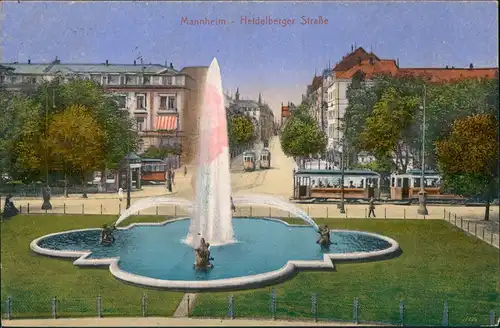 Mannheim Heidelbergerstraße mit Straßenbahnen, Wasserspiele 1913