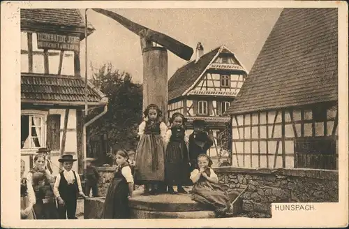 CPA Hunspach Kinder auf der Brunnen Wasseranlage 1915   Zensurstempel geprüft