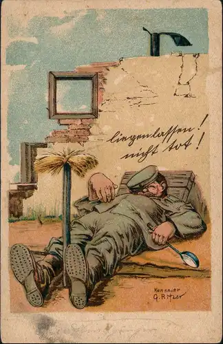 Militär Scherzkarten schlafender Kanonier Künstlerkarte Rietzer 1917