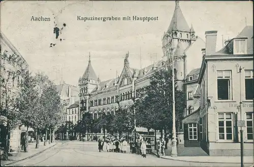 Ansichtskarte Aachen Hauptpost am Kapuzinergraben Strasse belebt 1908  )