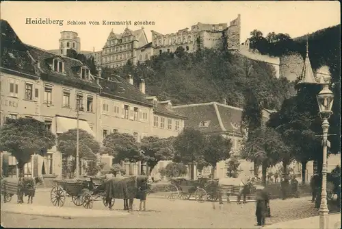 Ansichtskarte Heidelberg Wartende Pferde Kutsche am Kornmarkt, Schloss 1910