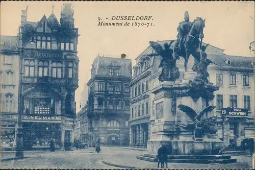 Ansichtskarte Düsseldorf Monument 1870, Straße geschäft J. Neumann 1921