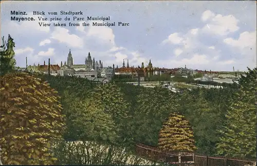 Ansichtskarte Mainz Blick vom Park auf die Stadt 1919
