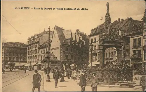 Ansichtskarte Mainz Marktplatz, Brunnen - belebt 1923