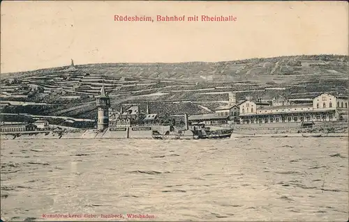 Ansichtskarte Rüdesheim (Rhein) Bahnhof mit Rheinhalle - Dampfer 1908