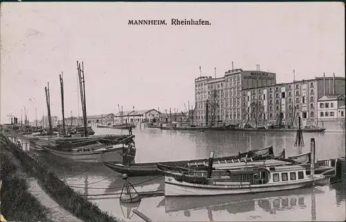 Ansichtskarte Mannheim Hafen, Lagerhäuser - Schiffe 1908