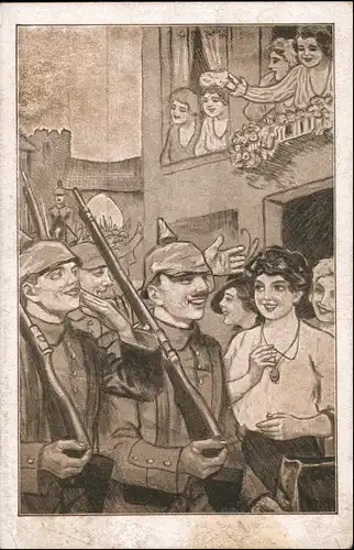 Künstlerkarte Plantikow Soldaten marschieren durch die Stadt 1922