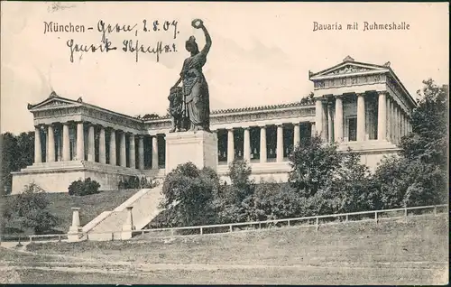 Ansichtskarte München Bavaria mit Ruhmeshalle Skulptur Denkmal 1909