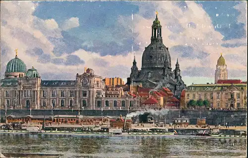 Innere Altstadt-Dresden Dampfer vor Panorama mit Frauenkirche Kunstakademie 1929