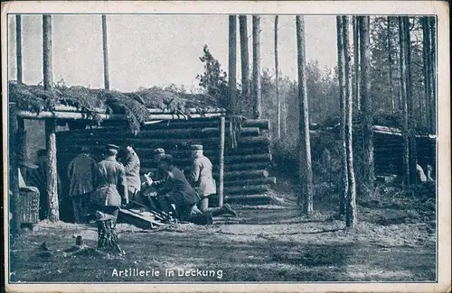 Ansichtskarte  Artellerie Deckung Holz Verhau beim Bau im Wald 1916