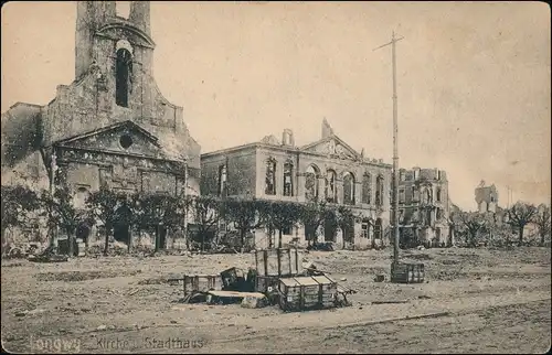 Langich Longwy Kirche & Stadthaus nach Angriff, Westfront 1. Weltkrieg 1916