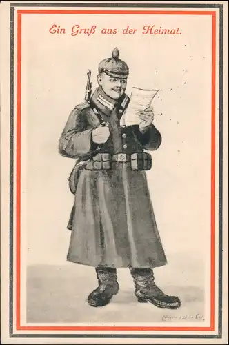 Künstlerkarte Militär 1. WK Soldat mit "Feldpostbrief" Heimat-Gruss 1915