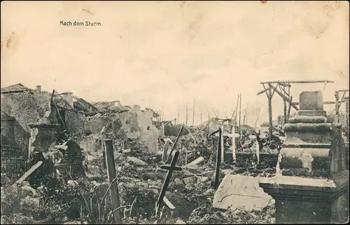 Manheulles "Nach dem Sturm" Soldaten Kreuze i.d. Trümmern 1. WK 1916