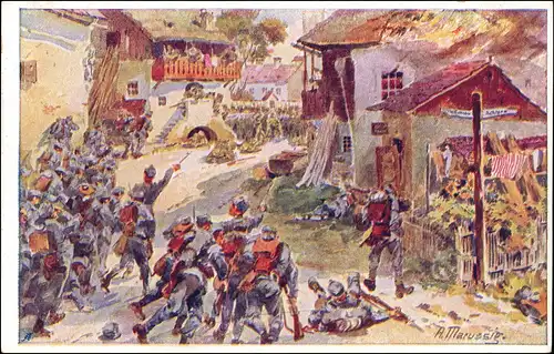 Künstlerkarte Militär 1. Weltkrieg Sturm auf russisch besetztes Dorf 1916
