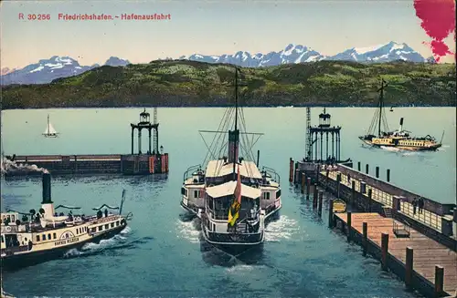 Friedrichshafen Hafenbahnhof Hafen-Ausfahrt Bodensee Schiffe 1910