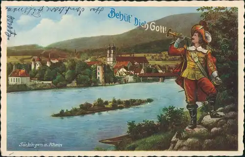 Bad Säckingen Trompeter mit Panorama "Behüt Dich Gott" Spruch 1937