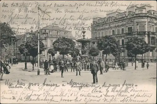Ansichtskarte Aachen Kaiserplatz belebt, Brunnen 1904