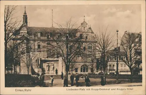 Ansichtskarte Essen (Ruhr) Limbeckerplatz, Krupp Denkmal & Hotel 1929