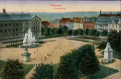 Pirmasens color Ansicht vom Exerzierplatz, Denkmal, Wasserspiele 1921
