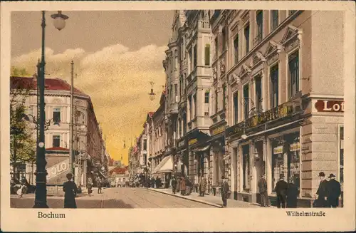Ansichtskarte Bochum Wilhelmstrasse, Geschäfte, Bank, Strasse belebt 1924