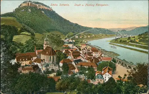 Königstein (Sächsische Schweiz) Panorama-Ansicht, Elbe, Festung Königstein 1905