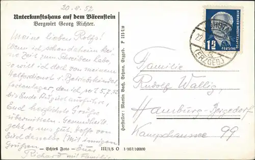 Cranzahl-Sehmatal Unterkunftshaus Bärenstein Bergwirt Georg Richter 1952