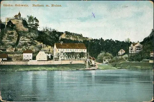 Ansichtskarte Rathen Elbe Panorama Teilansicht mit Ruine 1910