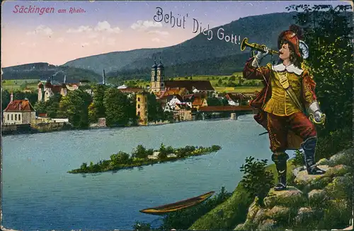 Ansichtskarte Bad Säckingen Trompeter von Säckingen Blick über Rhein 1910