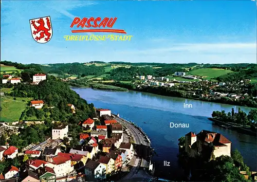 Passau Panorama-Ansicht der 3-Flüsse-Stadt (Inn, Donau, Ilz) 1993