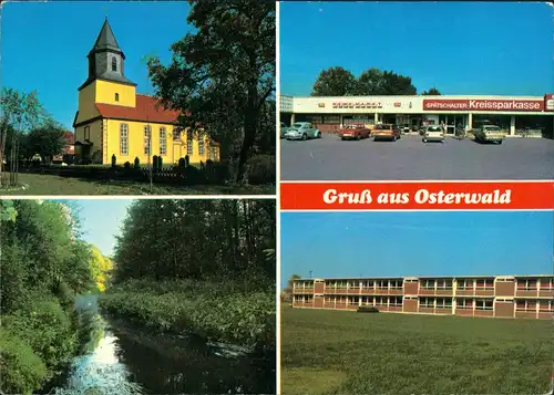 Osterwald (krs. Hameln) 4-Bild-AK mit Kreissparkasse, Kirche, REWE-Markt  1974