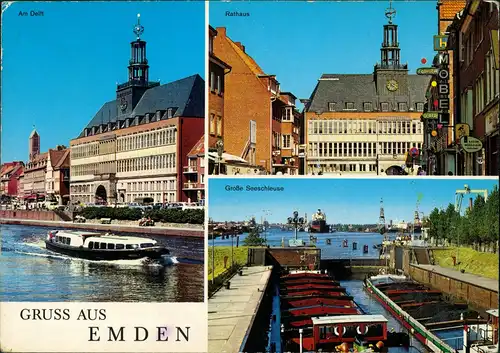 Ansichtskarte Emden 3-Bild-AK Am Delft, Rathaus, Große See-Schleuse 1975